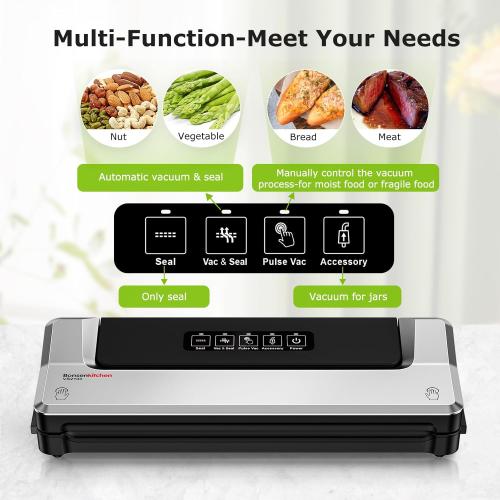 Bonsenkitchen Vacuum Sealer Machine with 40 Bags | Compact Food Sealer for Kitchen Storage & Meal Prep | Multiple Modes​​ | External Vacuum System, Silver​​
