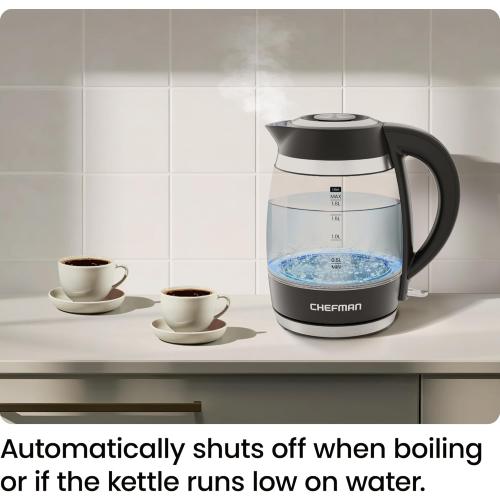 Chefman Electric Kettle, 1.8L 1500W, Hot Water Boiler, Removable Lid for Easy Cleaning, Auto Shut Off, Boil-Dry Protection, Stainless Steel Filter, BPA Free, Borosilicate Glass Electric Tea Kettle
