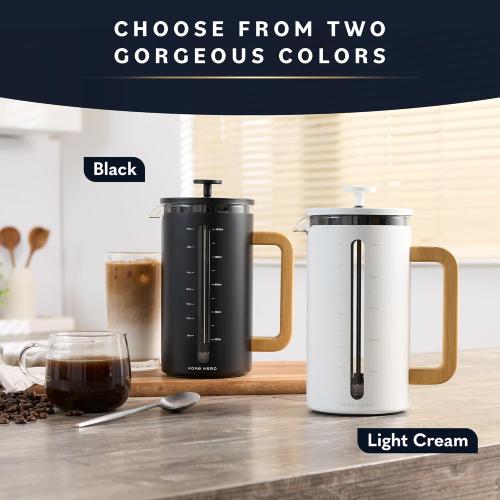 Home Hero French Press Coffee Maker - 34 oz Coffee Press with Bamboo Wood Handle, Heat Resistant Thick Borosilicate Glass French Presses, 4 Layer Filter, French Press Stainless Steel (Black)