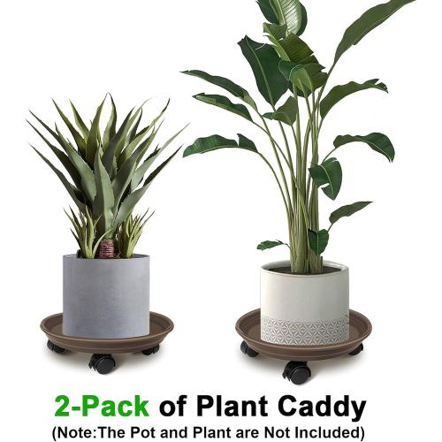 2 Pack of Plant Pallet Caddy with Wheels, Round Flower Pot Mover, Indoor Rolling Planter Dolly on Wheels, Outdoor Planter Trolley Tray Coaster, Brown