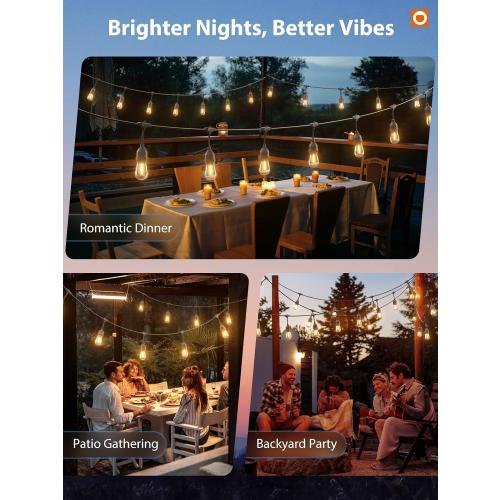 Size 48ft  LED Outdoor String Lights 48FT with Edison Vintage Shatterproof Bulbs and Commercial Grade Weatherproof Strand - ETL Listed Decorative Lights for Patio Garden