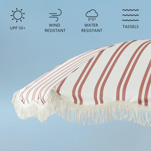 Striped 6.5FT Striped Beach Umbrella with Fringe, UPF 50  Sun Protection, Adjustable Height and Tilt Design, Wind-Resistant Fiberglass Ribs, Sturdy Wood Grain Iron Pole, Lightweight & Portable with Carry Bag, Base Not Included