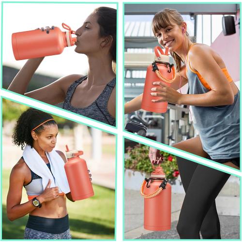 64oz Insulated Water-Bottle with Strap - Half Gallon Water Jug with Straw & Spout Lid, 2 Liter Stainless Steel Water Bottle Leak Proof, Cold-48h Hot-24h Metal Flask w/Paracord Handle, Carrier Case