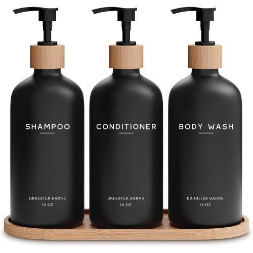 Black Shampoo and Conditioner Dispenser Set by Brighter Barns - Body Wash, Shampoo Dispenser for Shower with Pump - Refillable Plastic Shower Soap Dispenser for Bathroom Decor in Home, Airbnb (Black)