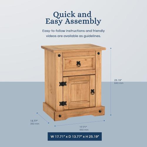 Corona 1 Drawer 1 Door 17-Inch Wide Bedside Table - Reforested Wood Single Nightstand - Smart Space-Saving Compact Furniture - Easy to Assemble - Seconique