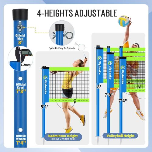 Outdoor Volleyball & Badminton Combo Net Set for Backyard, Beach with 2 Nets, Adjustable Poles, 4 Aluminum Rackets, PU Volleyball, Portable Carry Bag
