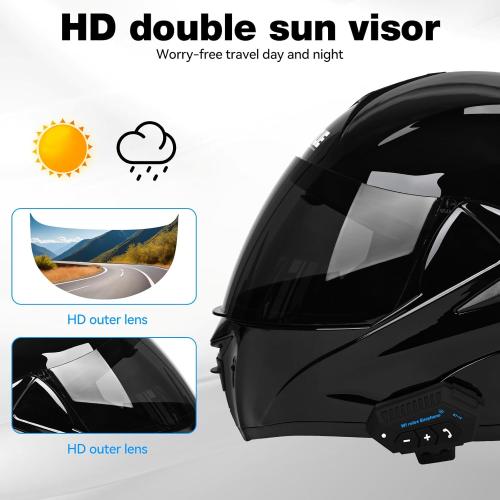 Motorcycle Bluetooth Modular Helmet, DOT Approved Dual Visor Full Face Flip Up Bluetooth Integrated Motorcycle Helmet for Adults Men and Women