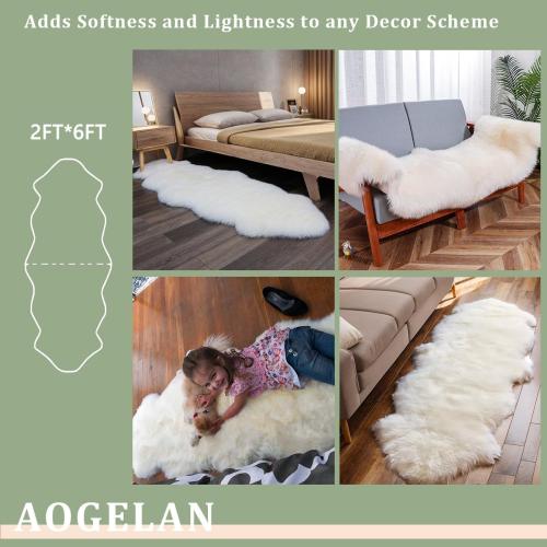 Premium Genuine Sheepskin Rug, Fuzzy Fluffy Shaggy Fur Wool Area Carpet for Soft Fur Pray Pup Mat,Bedroom,Living Room,Chair Sofa Seat Cover,Ivory White, 2' x 6'