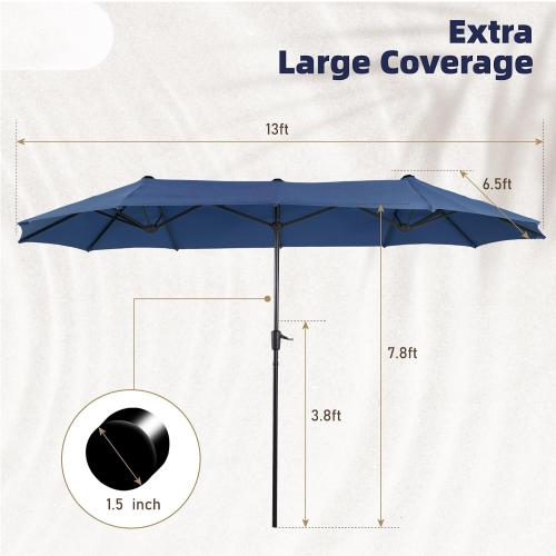 PHI VILLA 13 ft Outdoor Patio Umbrella, Large Rectangular Double Sided Market Table Twin Umbrellas with Crank Handle for Deck Pool, Navy Blue