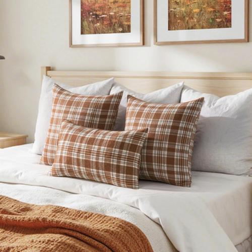 MIULEE Fall Set of 2 Scottish Tartan Plaid Throw Pillow Covers Farmhouse Classic Decorative Outdoor Square Cushion Cases for Halloween Thanksgiving Decor Sofa Couch 18x18 Inch, Brown and White