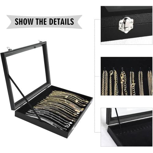 Siveit Premium Necklace Organizer Box - 20 Hooks Jewelry Tray with Transparent Lid - Display Box for Necklaces, Pendants - Suitable for Women and Girls (Black)