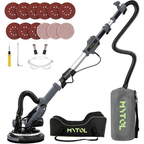 Size 4.8FT to 5.6FT Drywall Sander, MYTOL 7.2A Electric Wall Sander with Vacuum Dust Collection, 6 Adjustable Speeds 900-1800RPM, LED Light, Extendable Handle, Foldable Electric Drywall Sanders 12Pcs Sanding discs-Grey