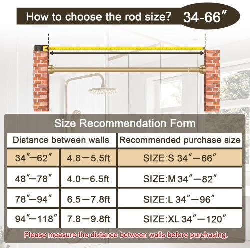 YNL Tension Shower Curtain Rod 34-66 Inch, Adjustable Spring Tension Curtain Rod No Drilling, Non-Slip, Never Rust, Stainless Steel, for Small Window Laundry Door Entryway, Gold