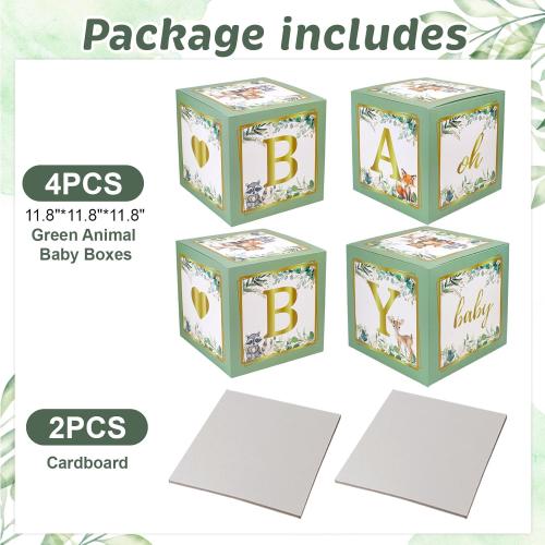 Sage Green Baby Boxes with Letters for Baby Shower, 4pcs Safari Jungle Print Baby Shower Decorations for Balloon Boxes Gender Reveal Baby Blocks BabyShower for Birthday Party Favors