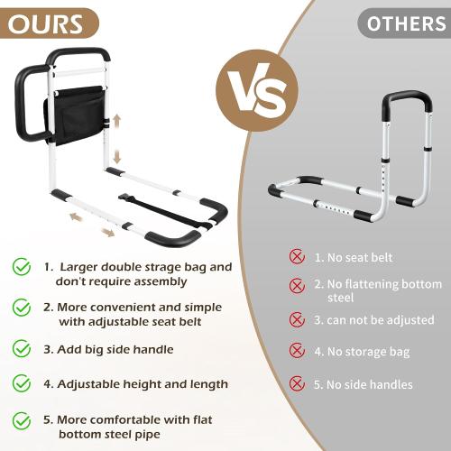 Bed Rails Grab Bar Bed Handrails for Elderly Adults Safety, Bed Cane for Seniors with Foam Handle and Storage Pocket, Adjustable Bedside Assist,ASTM Approved.
