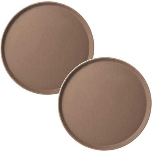 CURTA 2-Pack Restaurant Grade Non-Slip Tray, NSF, 14 Inch, Plastic Rubber Lined Round Serving Tray, Brown
