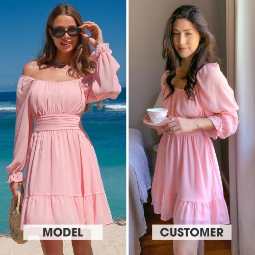 EXLURA Women's 2025 Casual Long Lantern Sleeve Dresses Square Neck Ruffle Tie Back Elastic Waist Aline Short Mini Dress