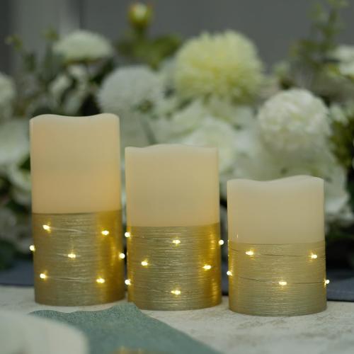 H-BLOSSOM Flickering Flameless Candles Ivory Real Wax Pillar with Embedded String Lights LED Candles Battery Operated with 10 Key Remote and Cycling 5H Timer Set of 3 (3 x 4/5/6) (Gold)