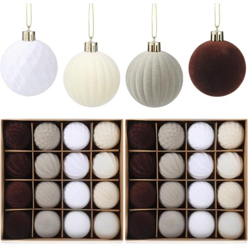 32 Pcs Velvet Christmas Ball Bulk 2.36'' Flocked Tree Decor, Brown Series | Plastic Hanging Ornament, Lightweight Durable, Xmas Bulb Decor, Holiday Party Supplies, Indoor Christmas Tree Decoration Use