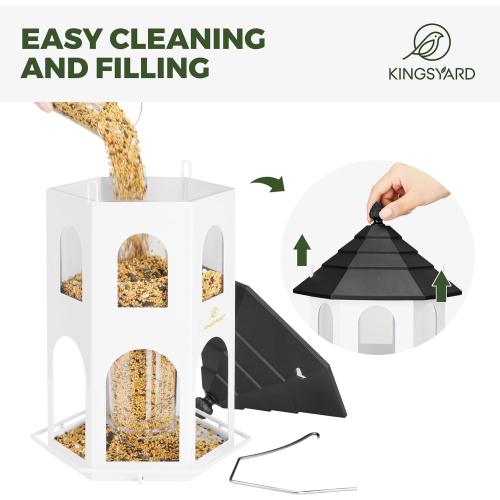 Kingsyard Metal Bird Feeder for Outdoor Hanging, Wild Bird Feeders with Circular Perch, Easy to Clean & Refill, 4 lbs Large Seed Capacity, White