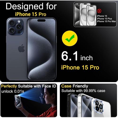 Ferilinso 3 Pack Screen Protector for iPhone 15 Pro with 3 Pack Tempered Glass Camera Lens Protector Phone Case Friendly Ultra Accessories Protector de Pantalla for Apple iPhone 15 Pro
