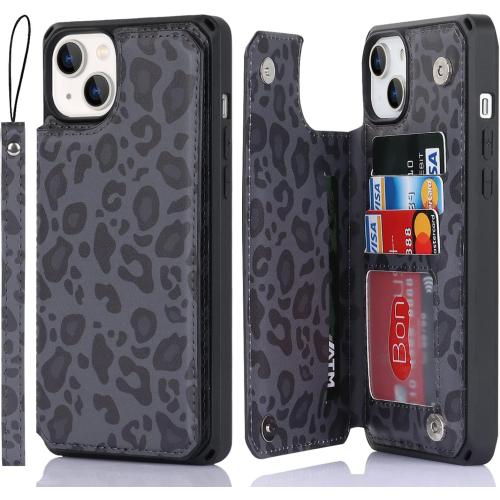 Color Black Cover for iPhone 13 Case with Card Holder, for iPhone 13 Wallet Case for Women Men, Stand and Strap,Leopard Grain Shockproof Protective Phone Cover-Black