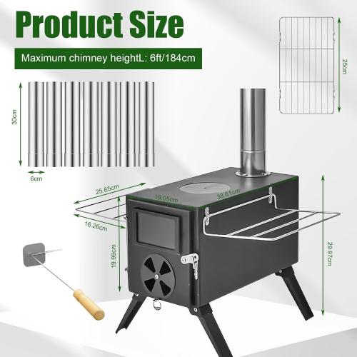 Portable Wood Stove, Foldable Hot Tent Stove, Wood Burning Stove with Chimney, No Smoke Leakage & Easy to Install, for Camping, Hunting, Ice Fishing, Cooking
