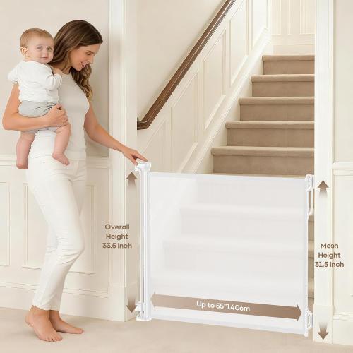 Retractable Safety Baby Gate or Mesh Dog Gate,Durable Portable Mesh Retractable Gate,Easy to Use for Stairs, Doorways, Hallways, Indoor, Outdoor, 33.5 Tall, Extends to 55 Wide,White