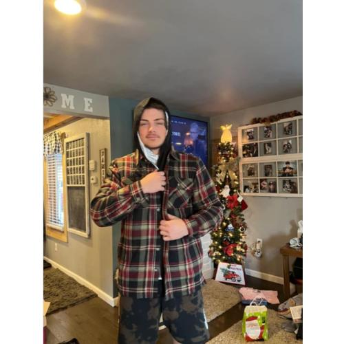 VELONLLONE Flannel Jackets Men Classic Plaid Shacket Oversized Quilted Puffer Jacket Full Zip Hoodie Coat Winter Warm Outwear 2XL