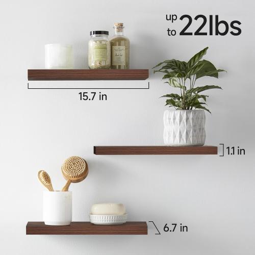 BAYKA Floating Shelves for Wall, Wall Mounted Rustic Wood Shelves for Bathroom, Bedroom, Living Room, Kitchen,Small Hanging Shelf for Books/Storage/Room Decor (Walnut-Like, Set of 3, 15.7in)