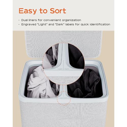 CASAMAYA Laundry Basket with Lid, Laundry Hamper 2 Section, 170L collapsible Laundry Organizer, Easy Assembly, with Handles and Removable Liners, 22 x 15.7 x 29.5 Inches, Gray JSP903G