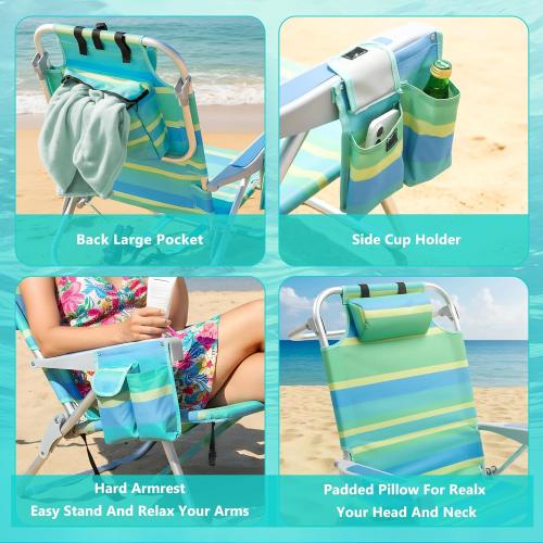 Low Beach Chair for Adults,5 Position Lay Flat, Portable Folding Aluminum Reclining Backpack Beach Chairs Heavy Duty with Cup Holder, Large Pocket for Outdoor/Lawn/Picnic/Fishing