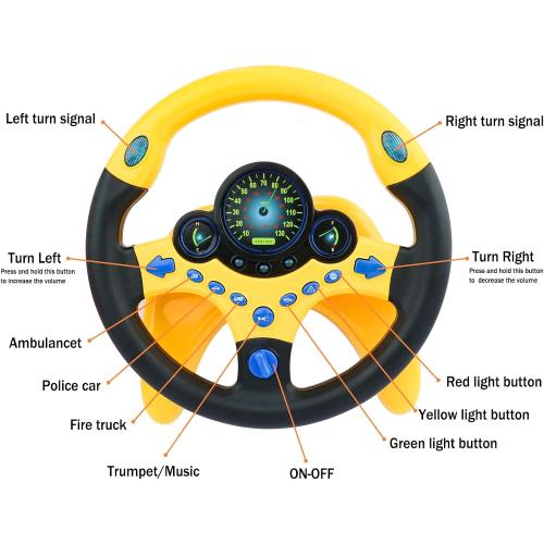 deAO Kids Steering Wheel for Backseat with Car Key Pretend Driving Simulated Driving Steering Wheel Toy with Light and Music Gifts for Kids (Yellow)