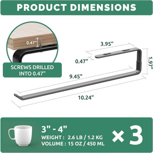 Amazer Coffee Mug Holder Under Cabinet 3 Pack, Metal Sturdy Mug Rack Under Shelf Organizer, Display Hanging Cup Storage Hooks for Bar Kitchen Utensils/Wine Glasses/Tea Cup, Black