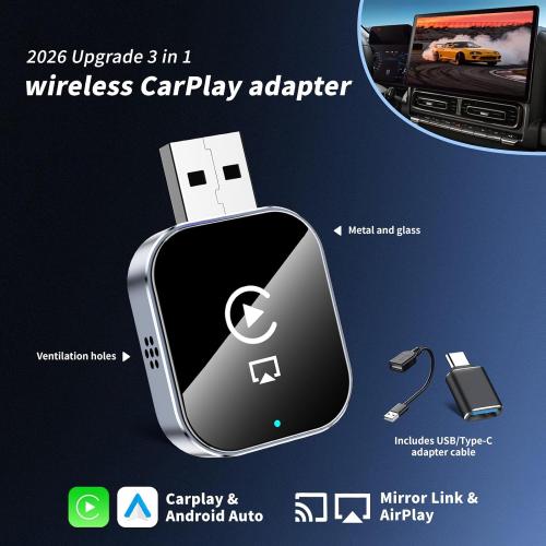 Wireless CarPlay Adapter for Android Auto - 3 in 1 Airplay Mirror Link Adapter Multi-User Seamless Connection Converts Wired to Wireless CarPlay Adapter - No Latency from iOS 10  to Screen w/USB-C