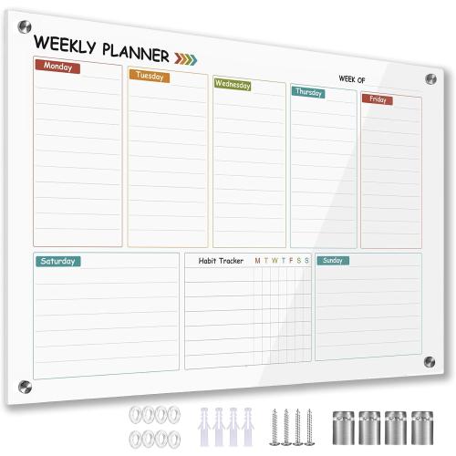 Glass Colorful Weekly Dry Erase Board for Wall,Weekly Planner Whiteboard for Wall 24x18,Frameless Mounting,Medium Weekly Wall Calendar Dry Erase for Office/School/Home