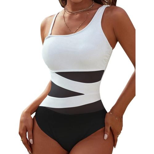 Blooming Jelly Women's Sexy One Piece Bathing Suits One Shoulder Swimsuits Slimming Mesh Swimwear