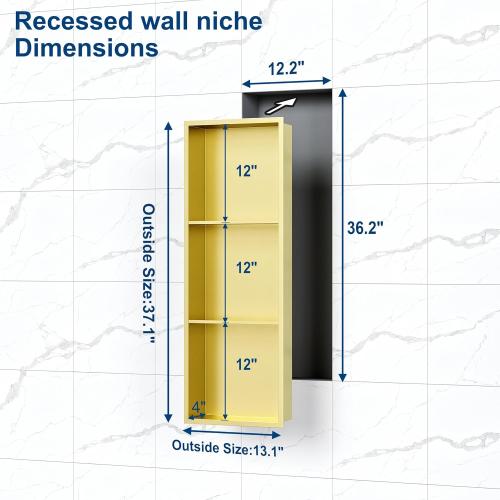 Neodrain Stainless Steel Shower Niche, NO Tile Needed Recessed Shelf for Bathroom Storage, 3-Tier Recessed Built-in Wall Niche（12X36Inch，Gold）