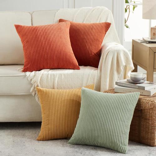 Fancy Homi Set of 4 Boho Decorative Throw Pillow Covers  for Couch Bed Sofa Bedroom, Aesthetic Modern Home Decor, Soft Fluffy Textured Corduroy Square Colorful Cushion Case