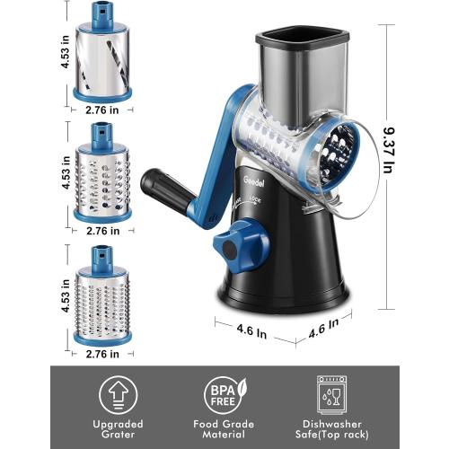 Geedel Rotary Cheese Grater, Kitchen Mandoline Vegetable Slicer with 3 Interchangeable Blades, Easy to Clean Rotary Grater Slicer for Fruit, Vegetables, Nuts