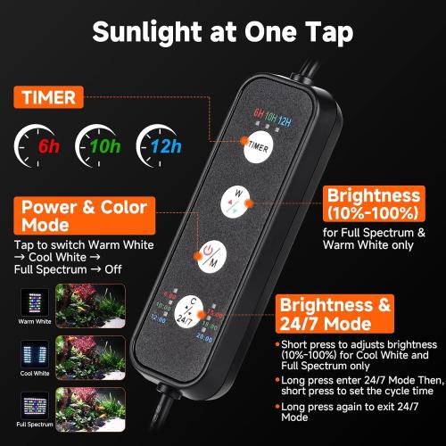 fishkeeper Clip On Aquarium Light, 24/7 Fish Tank Light with Timer, DIY 3 Colors & 10 Brightness Full Spectrum Aquarium LED Lights with Adjustable Metal Clamp for Freshwater Plants Fish Tanks (100W)