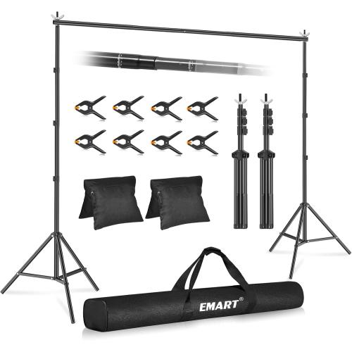 EMART Backdrop Stand Photo Studio Adjustable Background Stand Support kit with 2 Crossbars, 8 Clamps, 2 Sandbags and Carry Bag for Parties, Events Decoration, Wedding, Photography