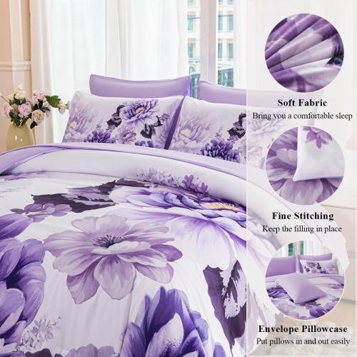 King Size Bed Floral Comforter Sets for Women Soft Lightweight 1 piece Flower Bedding Set All Season(Purple, King)