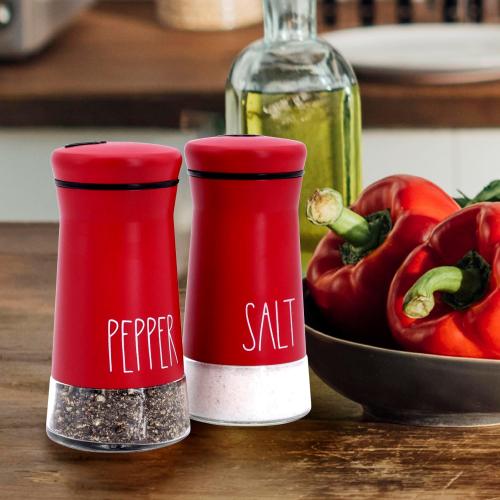 Red Salt and Pepper Shakers with Adjustable Pour Holes, Refillable Salt Shaker by Aelga, Ideal for Himalayan, Kosher, Black and White Pepper, Red Kitchen Accessories