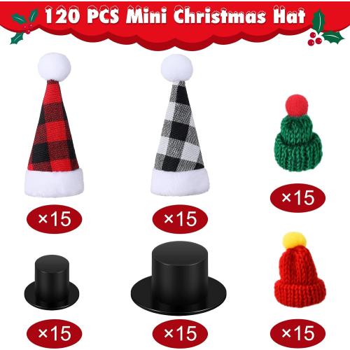 WILLBOND 120 Pcs Mini Santa Hats Set for Christmas Tree Ornaments, 6 Styles