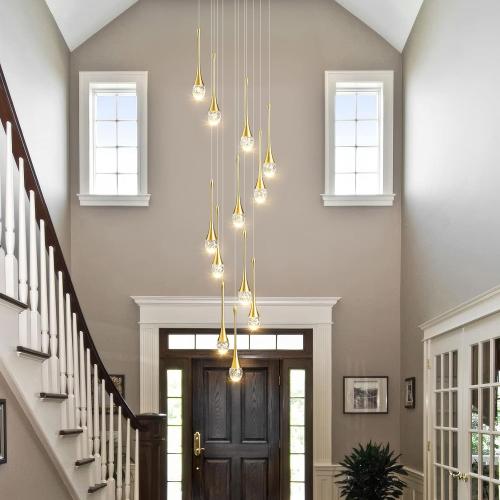 Raindrop Crystal Chandelier High Ceiling: 12 Lights Remote Dimmable LED - Large Long Modern Bubble Hanging Pendant Light Fixture Teardrop Spiral Chandeliers for Living Room Staircase Entryway Foyer