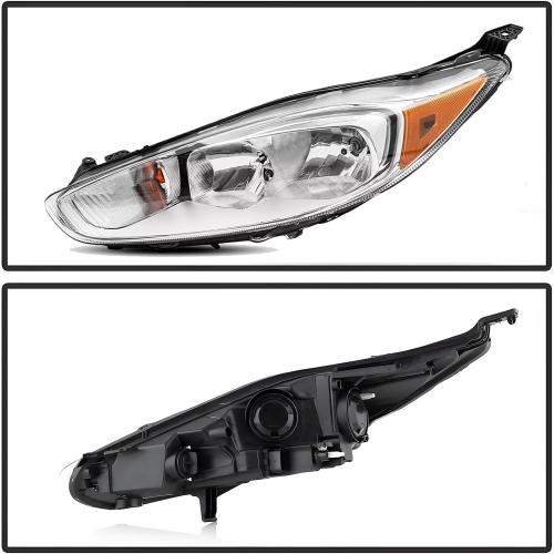 Pair Headlights Assembly With Bulbs For 2014-2019 Ford Fiesta S SE ST Sedan Hatchback Halogen Replacement Front Headlamps Chrome Housing Amber Reflector Clear Lens(LH&RH)