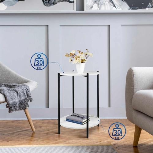 Faux Marble End Table White Black Side Table Marble Nightstand for Living Room or Bedroom Modern Accent Table with Black Metal Frame (1 pcs Black, Round)