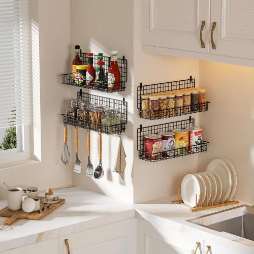 X-cosrack Upgraded Foldable Large 4 - Tier Wall Mounted Spice Rack Organizer, Stackable Storage with 5 Hooks, Holds 80 Jars for Kitchen Pantry Organization (Patent:D909138S)