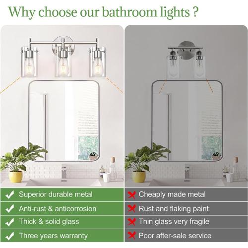 2023 Upgrade 3-Light Brushed Nickel Bathroom Vanity Light Fixtures, Clear Glass Shade Wall Sconces for Mirror, Bedroom, Living Room, Hallway